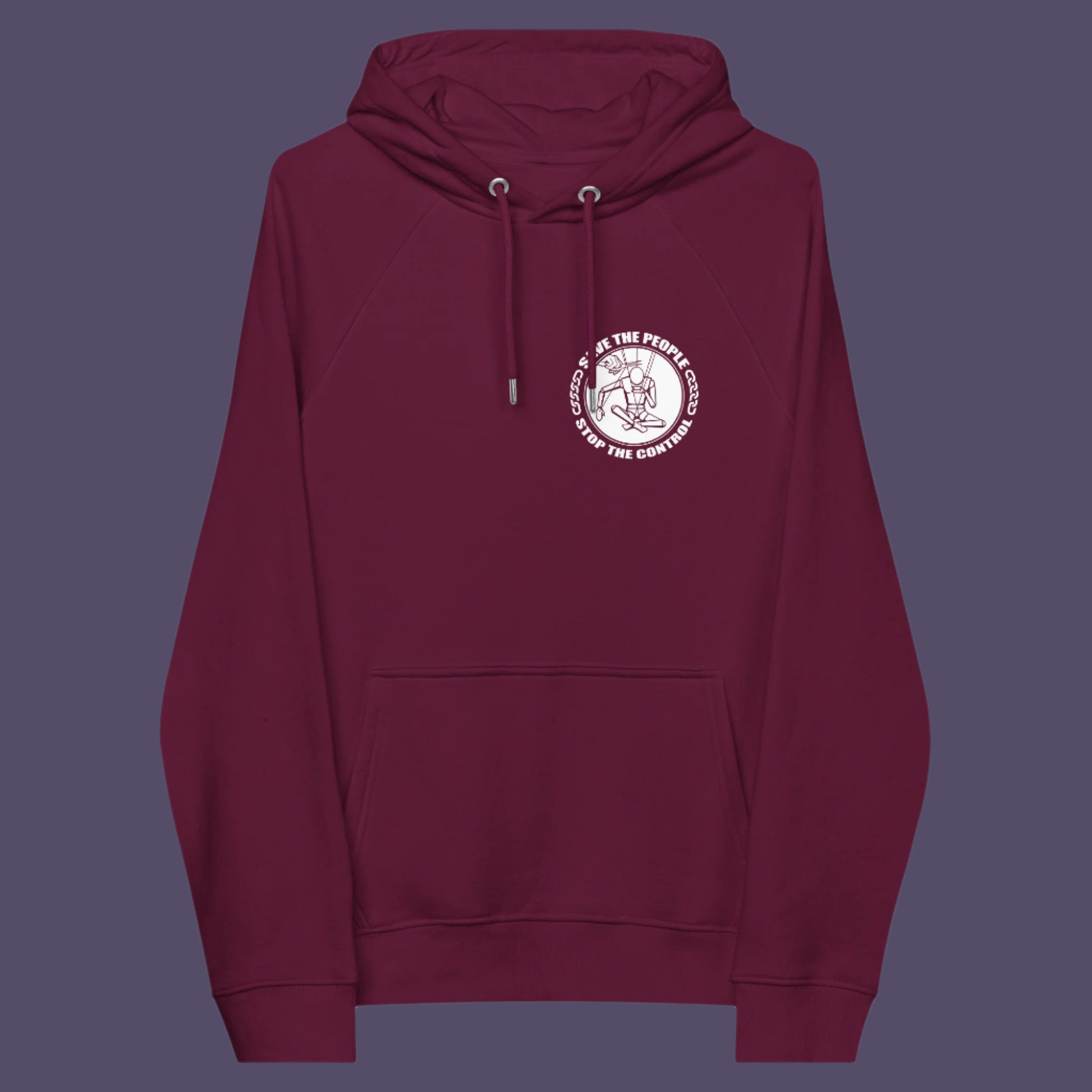 Burgundy hoodie front. This save the people hoodie carries an anti-dictatorship message and encourages independent thought and social awareness. A unique design promoting freedom of choice and a less controlling government. Comfortable and practical. It's extra soft and has a convenient front pouch pocket. Made from organic cotton and recycled polyester, this civil liberties hoodie is a great eco-friendly choice.