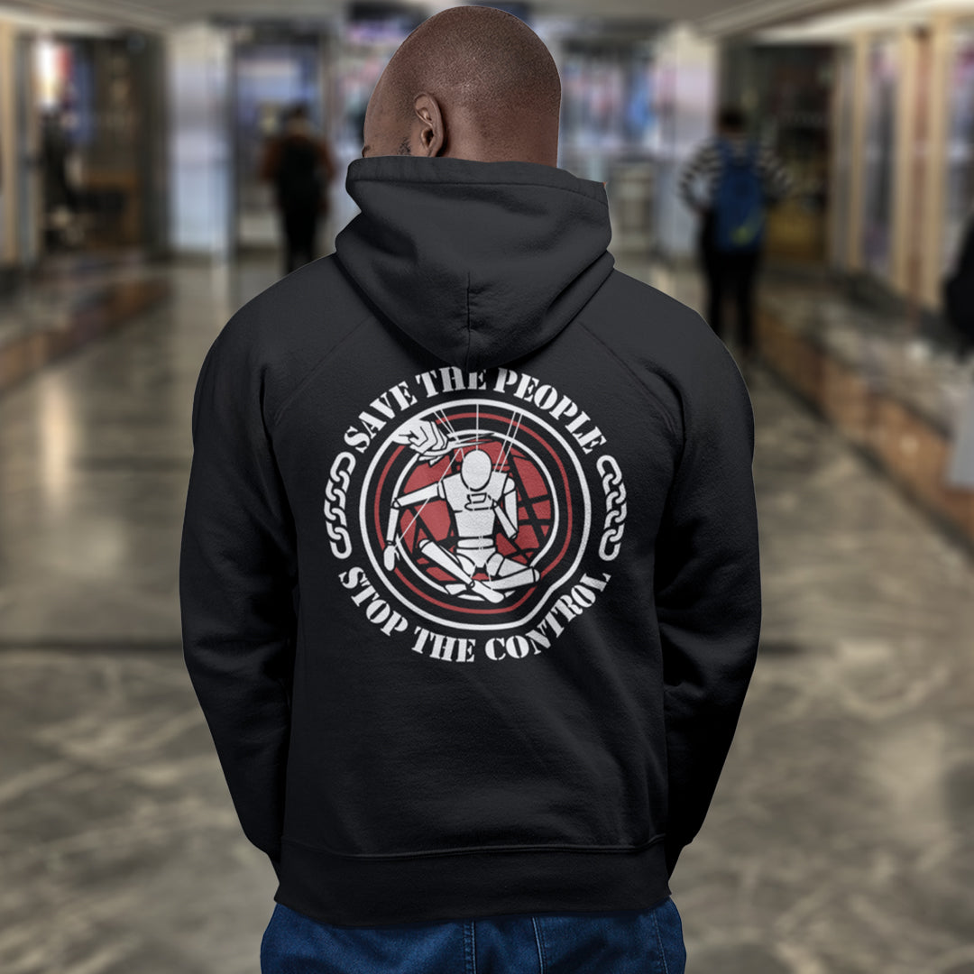 Person wearing a black hoodie with a graphic design on the back in a mall setting. This save the people hoodie carries an anti-dictatorship message and encourages independent thought and social awareness. A unique design promoting freedom of choice and a less controlling government. Comfortable and practical. It's extra soft and has a convenient front pouch pocket. Made from organic cotton and recycled polyester, this civil liberties hoodie is a great eco-friendly choice.