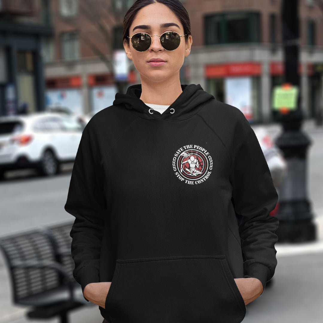 Person wearing a black hoodie with a logo on a city street. This save the people hoodie carries an anti-dictatorship message and encourages independent thought and social awareness. A unique design promoting freedom of choice and a less controlling government. Comfortable and practical. It's extra soft and has a convenient front pouch pocket. Made from organic cotton and recycled polyester, this civil liberties hoodie is a great eco-friendly choice.