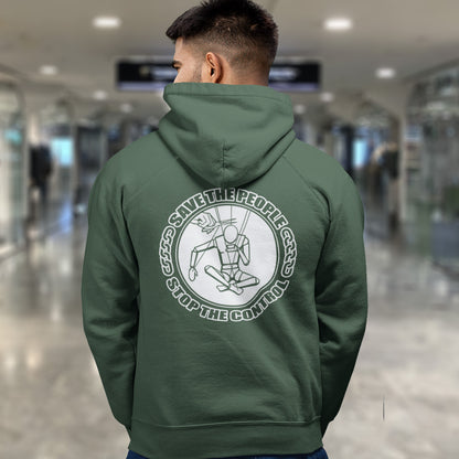 Person wearing a green hoodie with a graphic design on the back in an shopping centre. This political hoodie carries an anti-dictatorship message and encourages independent thought. A unique design promoting freedom of choice and a less controlling government. Comfortable and practical. It's extra soft and has a convenient front pouch pocket. Made from organic cotton and recycled polyester, this political hoodie is a great eco-friendly choice.