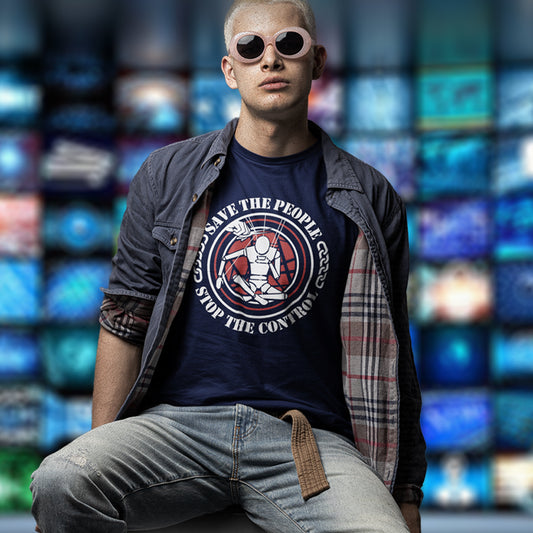 Person wearing a graphic t-shirt with text and design, sitting against a colourful abstract background. This civil rights t shirt carries an anti-dictatorship message and encourages independent thought and social awareness. A unique design promoting freedom of choice and a less controlling government. Made from 100% organic ring-spun cotton, this civil liberties t shirt is unisex, high-quality, super comfy, and best of all, eco-friendly.