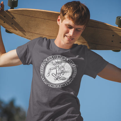 Person holding a skateboard with a graphic t-shirt against a clear blue sky. This political t-shirt carries an anti-dictatorship message and encourages independent thought. A unique design promoting freedom of choice and a less controlling government. Made from 100% organic ring-spun cotton, this political t-shirt is unisex, high-quality, super comfy, and best of all, eco-friendly.