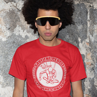 Person wearing a red t-shirt with a graphic design and text, standing against a textured wall. This political t-shirt carries an anti-dictatorship message and encourages independent thought. A unique design promoting freedom of choice and a less controlling government. Made from 100% organic ring-spun cotton, this political t-shirt is unisex, high-quality, super comfy, and best of all, eco-friendly.