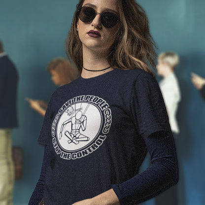 Woman wearing a French navy t-shirt  with a graphic design and text. This civil rights t shirt carries an anti-dictatorship message and encourages independent thought and social awareness. A unique design promoting freedom of choice and a less controlling government. Made from 100% organic ring-spun cotton, this civil liberties t shirt is unisex, high-quality, super comfy, and best of all, eco-friendly.