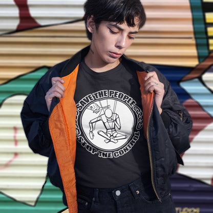 Person wearing a black t-shirt with a graphic design in front of a colourful mural. This civil rights t shirt carries an anti-dictatorship message and encourages independent thought and social awareness. A unique design promoting freedom of choice and a less controlling government. Made from 100% organic ring-spun cotton, this civil liberties t shirt is unisex, high-quality, super comfy, and best of all, eco-friendly.