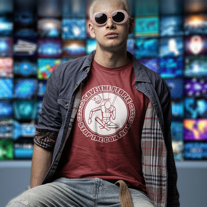 Person wearing a burgundy t-shirt with a graphic design in front of a colourful background. This civil rights t shirt carries an anti-dictatorship message and encourages independent thought and social awareness. A unique design promoting freedom of choice and a less controlling government. Made from 100% organic ring-spun cotton, this civil liberties t shirt is unisex, high-quality, super comfy, and best of all, eco-friendly.