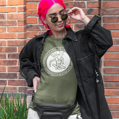 Person wearing a khaki t-shirt with a graphic design in front of a brick wall. This civil rights t shirt carries an anti-dictatorship message and encourages independent thought and social awareness. A unique design promoting freedom of choice and a less controlling government. Made from 100% organic ring-spun cotton, this civil liberties t shirt is unisex, high-quality, super comfy, and best of all, eco-friendly.