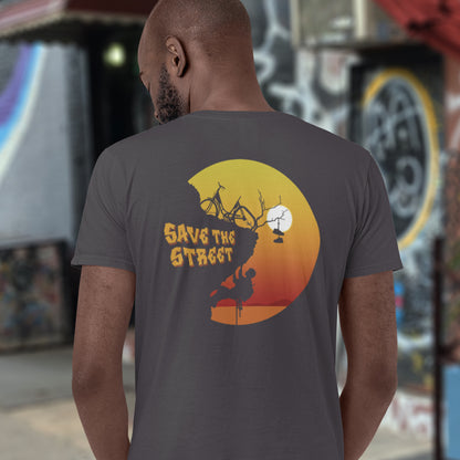 Person wearing a t-shirt with 'Save the Street' graphic design in an urban setting. A street art t shirt design paying homage to street life. As our society increasingly turns to an online based community it's worth giving a shout out to where the real community is based, on the streets! Let's keep them full of life. Made from 100% organic ring-spun cotton, these street art t shirts are unisex, high quality, super comfy, and best of all, eco-friendly.