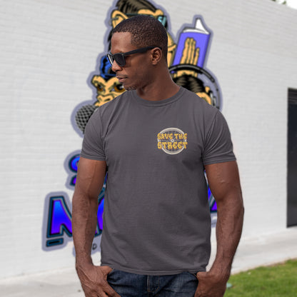 Man wearing a anthracite t-shirt with a logo and text, standing in front of colourful wall art. A street art t shirt design paying homage to street life. As our society increasingly turns to an online based community it's worth giving a shout out to where the real community is based, on the streets! Let's keep them full of life. Made from 100% organic ring-spun cotton, these street art t shirts are unisex, high quality, super comfy, and best of all, eco-friendly.