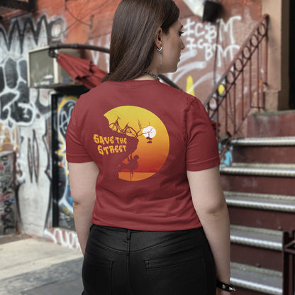 Person wearing a burgundy t-shirt with 'Save the Streets' graphic in an urban setting. A street art t shirt design paying homage to street life. As our society increasingly turns to an online based community it's worth giving a shout out to where the real community is based, on the streets! Let's keep them full of life. Made from 100% organic ring-spun cotton, these street art t shirts are unisex, high quality, super comfy, and best of all, eco-friendly.