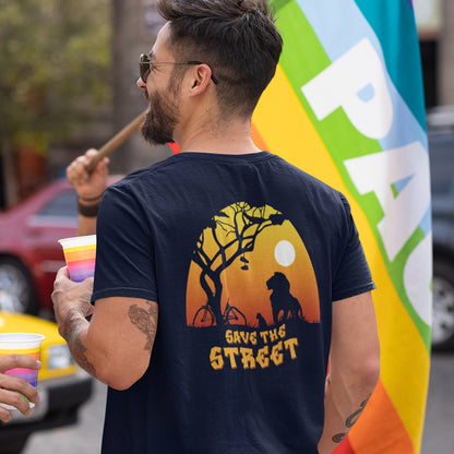 Man wearing a 'Save the Street' t-shirt with a colorful background. This street art t shirt stencil represents inner city street life as a culture of it's own. There is a ground level reality mixed with trustworthy honestly at street level in towns and cities across the planet that cannot be replicated by social media. Wherever you are in the world, may the street be with you. Made from 100% organic ring-spun cotton, this urban art t shirt is unisex, high-quality, super comfy, and best of all, eco-friendly.