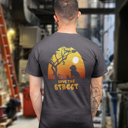 Person wearing a 'Save the Street' t shirt. This street art t shirt stencil represents inner city street life as a culture of it's own. There is a ground level reality mixed with trustworthy honestly at street level in towns and cities across the planet that cannot be replicated by social media. Wherever you are in the world, may the street be with you. Made from 100% organic ring-spun cotton, this urban art t shirt is unisex, high-quality, super comfy, and best of all, eco-friendly.