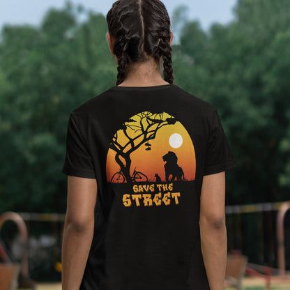 Person wearing a black t-shirt with a 'Save the Streets' graphic. This street art t shirt stencil represents inner city street life as a culture of it's own. There is a ground level reality mixed with trustworthy honestly at street level in towns and cities across the planet that cannot be replicated by social media. Wherever you are in the world, may the street be with you. Made from 100% organic ring-spun cotton, this urban art t shirt is unisex, high-quality, super comfy, and best of all, eco-friendly.