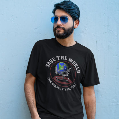 A man with blue hair, a beard, and aviator sunglasses wearing a black t-shirt with a 'SAVE THE WORLD' environmental graphic, posing against a light blue textured wall.