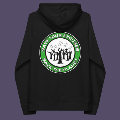 Black hoodie back. A save the planet t-shirt that promotes social awareness of environmental issues. It's time to stop making poor excuses for why we haven't got around to saving our planet yet. Comfortable and practical. It's extra soft and has a convenient front pouch pocket. Made from organic cotton and recycled polyester, this environmental awareness hoodie is a great eco-friendly choice.