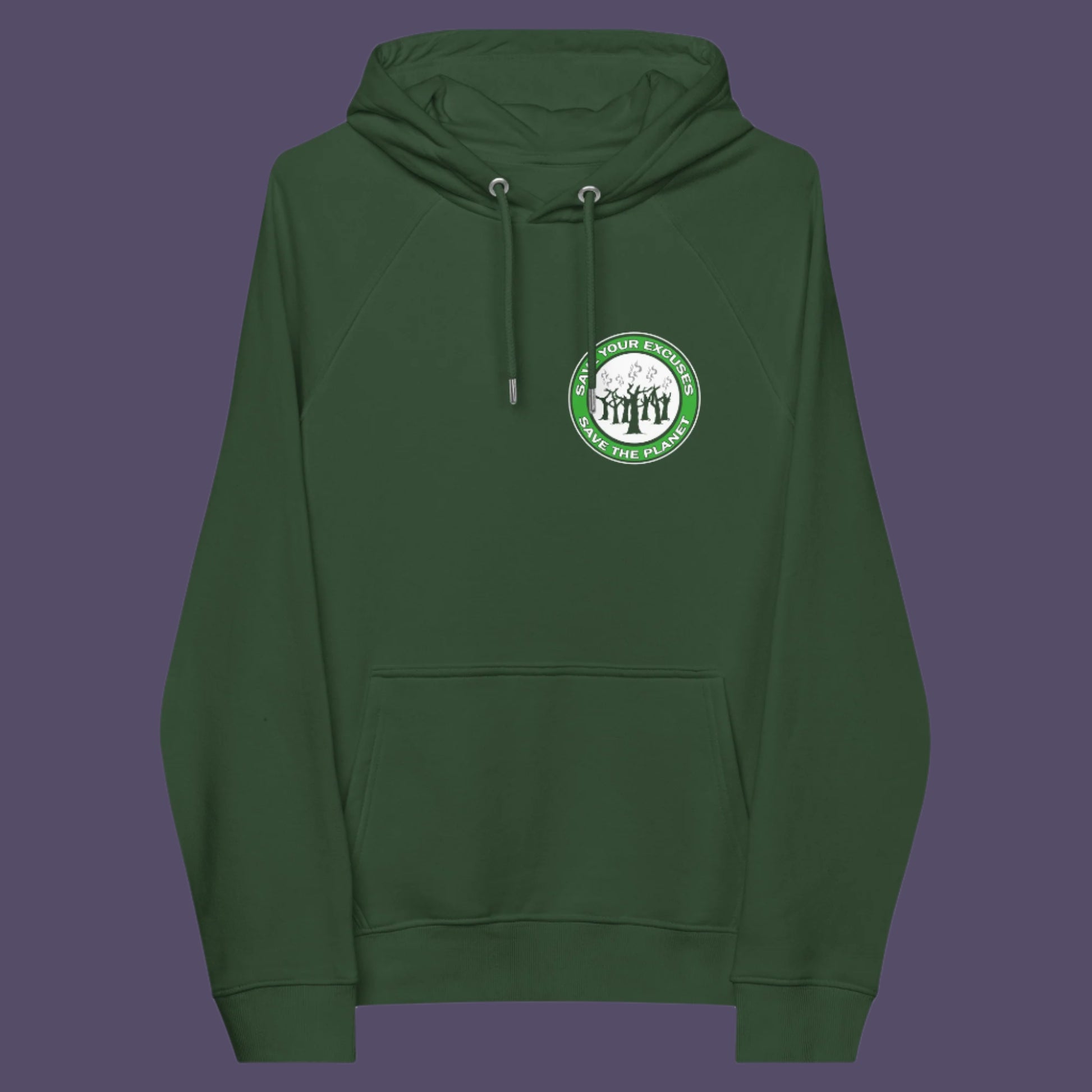 Bottle green hoodie front. A save the planet t-shirt that promotes social awareness of environmental issues. It's time to stop making poor excuses for why we haven't got around to saving our planet yet. Comfortable and practical. It's extra soft and has a convenient front pouch pocket. Made from organic cotton and recycled polyester, this environmental awareness hoodie is a great eco-friendly choice.