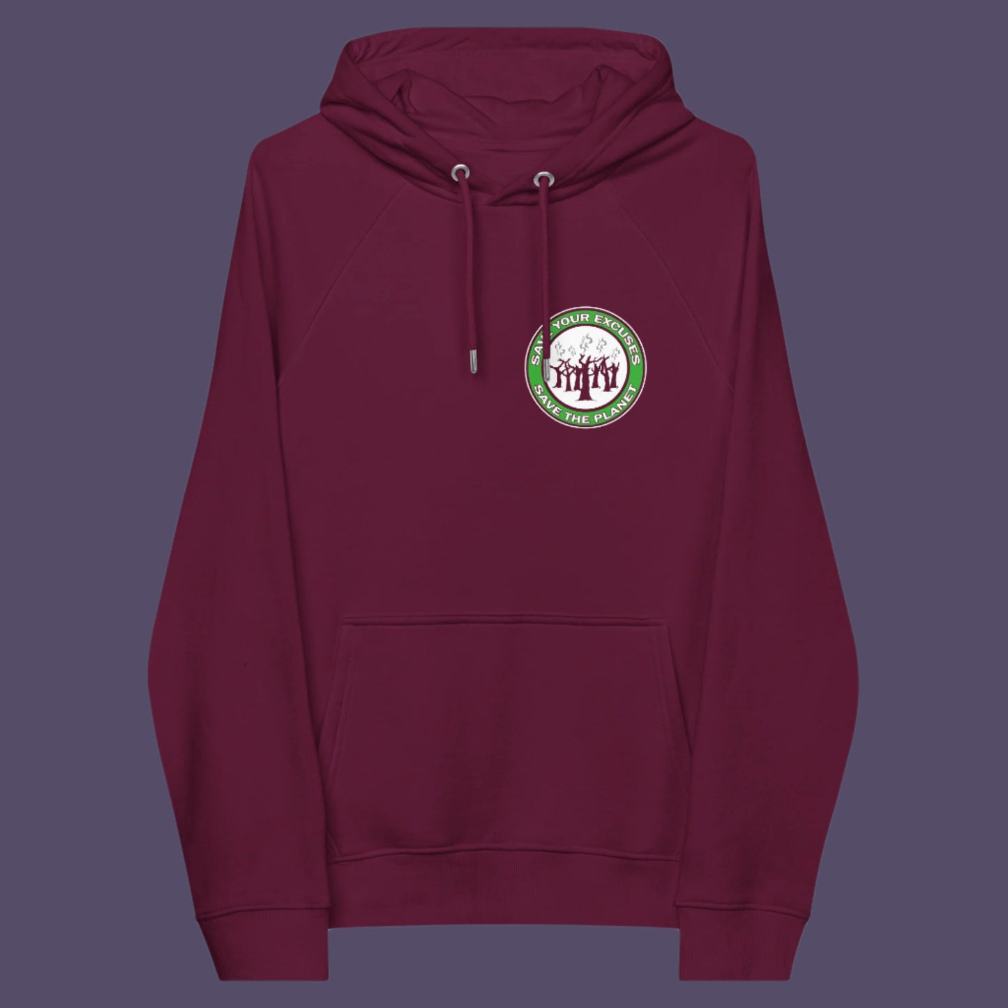 Burgundy hoodie front. A save the planet t-shirt that promotes social awareness of environmental issues. It's time to stop making poor excuses for why we haven't got around to saving our planet yet. Comfortable and practical. It's extra soft and has a convenient front pouch pocket. Made from organic cotton and recycled polyester, this environmental awareness hoodie is a great eco-friendly choice.