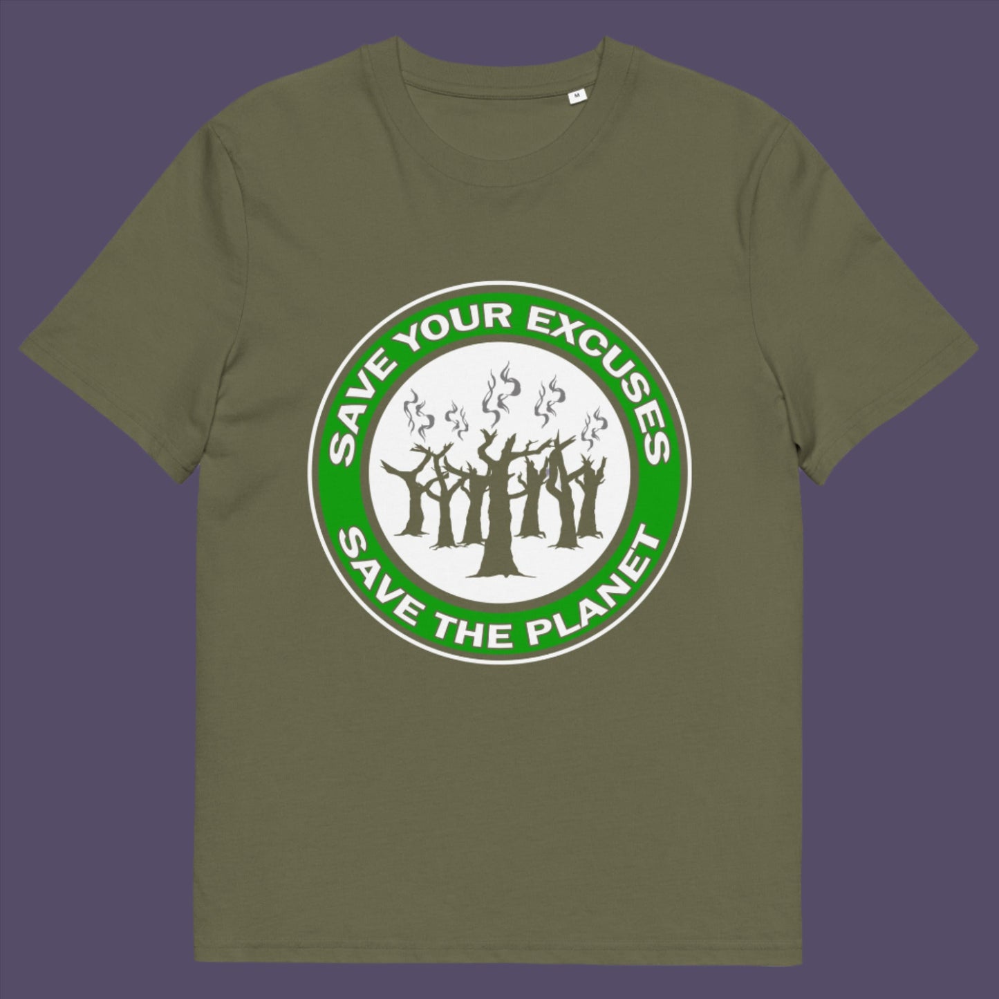 Khaki t-shirt. A 'save the planet' t-shirt that promotes social awareness of environmental issues. It's time to stop making poor excuses for why our governments haven't got around to saving our planet yet. This unique environmental t-shirt is ideal for protest rallies and demonstrations about climate concern. Made from 100% organic ring-spun cotton, this environmental awareness t-shirt is unisex, high-quality, super comfy, and best of all, eco-friendly.