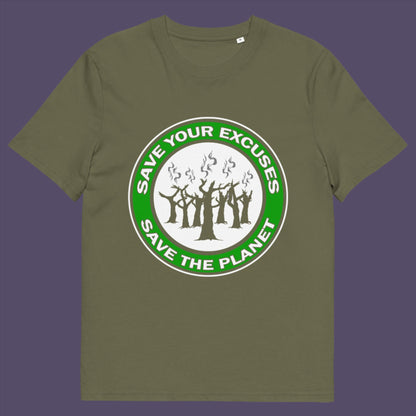 Khaki t-shirt. A 'save the planet' t-shirt that promotes social awareness of environmental issues. It's time to stop making poor excuses for why our governments haven't got around to saving our planet yet. This unique environmental t-shirt is ideal for protest rallies and demonstrations about climate concern. Made from 100% organic ring-spun cotton, this environmental awareness t-shirt is unisex, high-quality, super comfy, and best of all, eco-friendly.