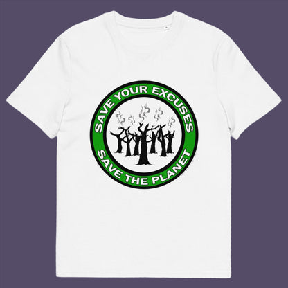 White t-shirt. A 'save the planet' t-shirt that promotes social awareness of environmental issues. It's time to stop making poor excuses for why our governments haven't got around to saving our planet yet. This unique environmental t-shirt is ideal for protest rallies and demonstrations about climate concern. Made from 100% organic ring-spun cotton, this environmental awareness t-shirt is unisex, high-quality, super comfy, and best of all, eco-friendly.