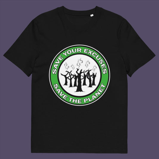Black t-shirt. A save the planet t shirt that promotes social awareness of environmental issues. It's time to stop making poor excuses for why our governments haven't got around to saving our planet yet. This unique environmental t-shirt is ideal for protest rallies and demonstrations about environmental concern. Made from 100% organic ring-spun cotton, this save the world t shirt is unisex, high-quality, super comfy, and best of all, eco-friendly.