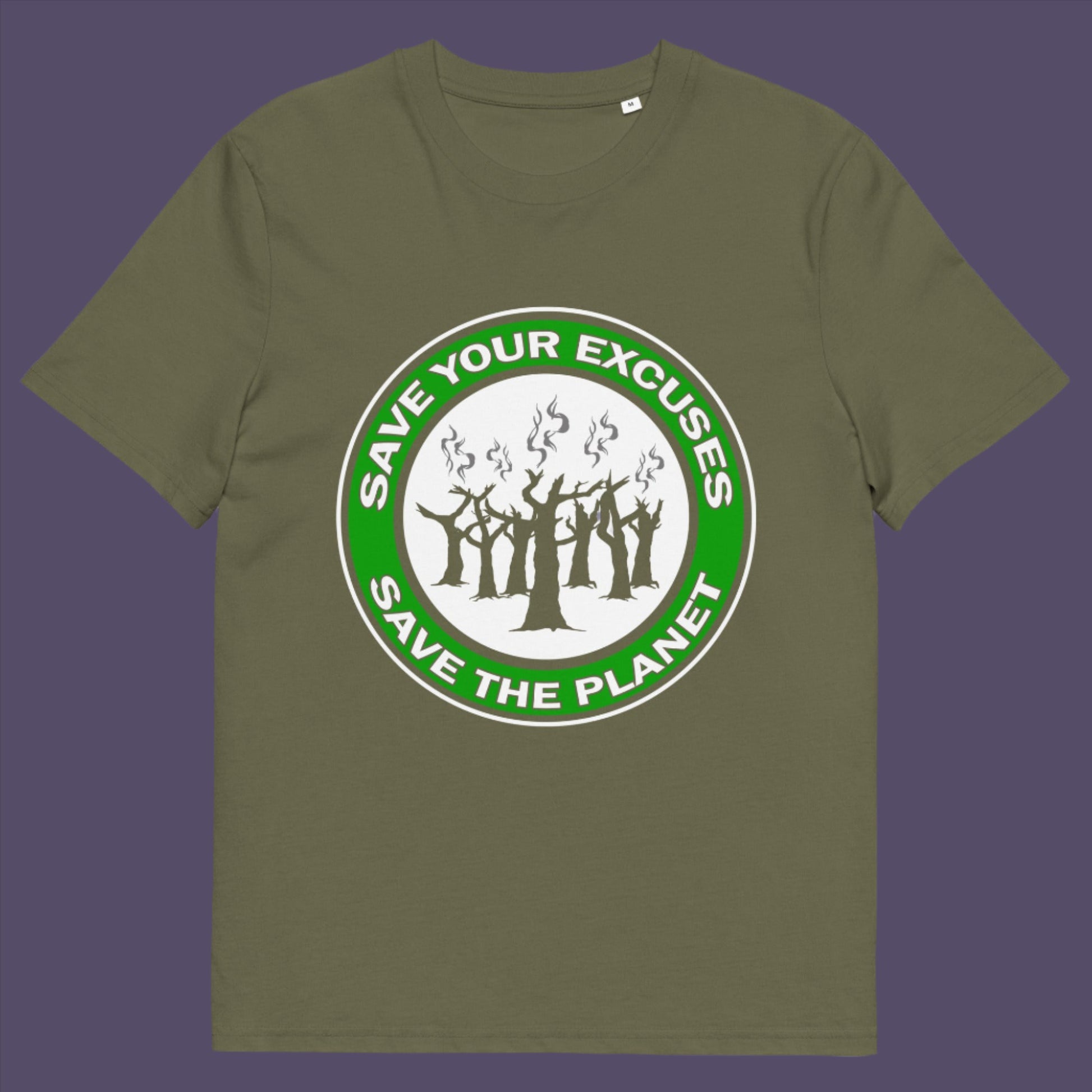 Khaki t-shirt. A save the planet t shirt that promotes social awareness of environmental issues. It's time to stop making poor excuses for why our governments haven't got around to saving our planet yet. This unique environmental t-shirt is ideal for protest rallies and demonstrations about environmental concern. Made from 100% organic ring-spun cotton, this save the world t shirt is unisex, high-quality, super comfy, and best of all, eco-friendly.