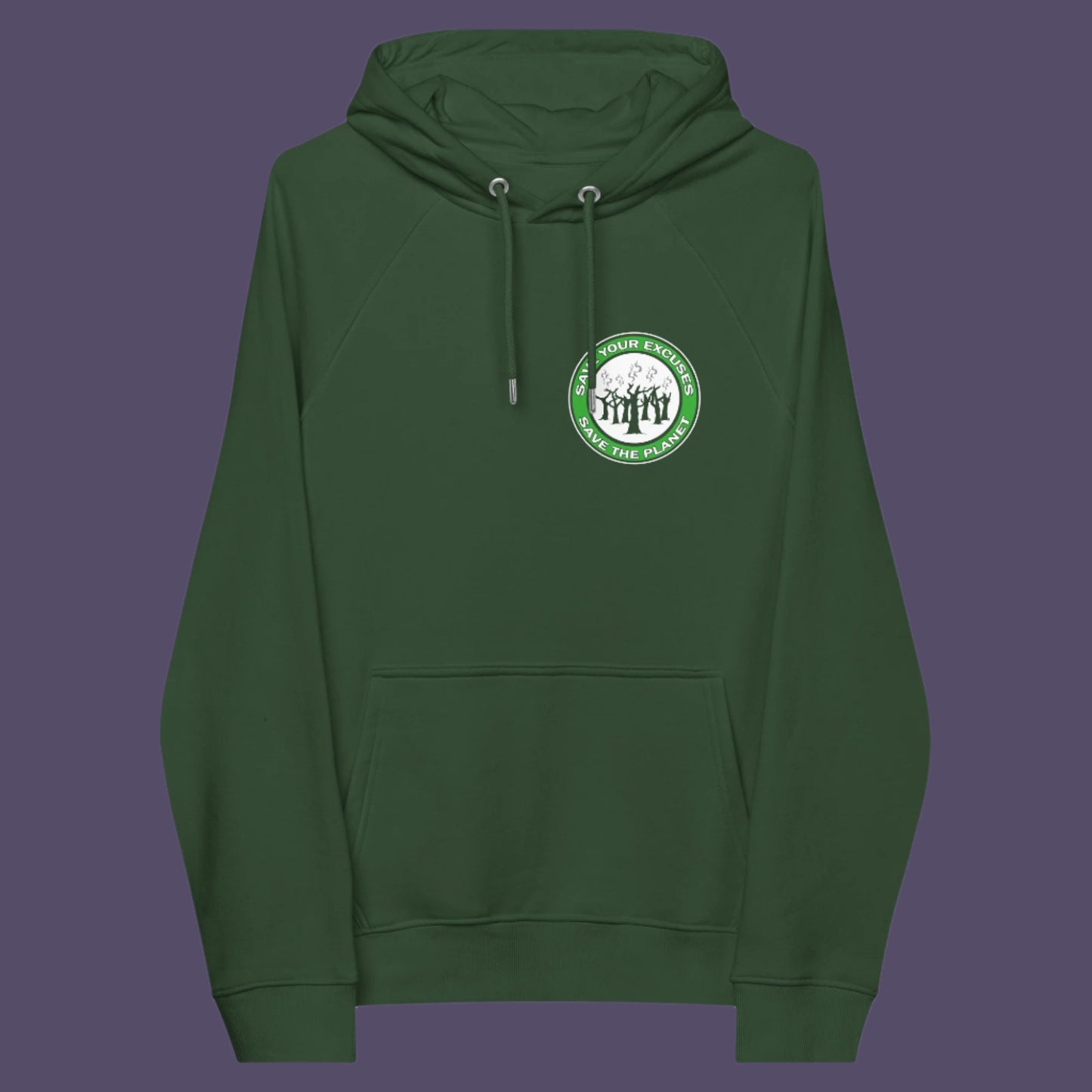Bottle green hoodie front. A save the planet hoodie that promotes social awareness of environmental issues.  This unique environmental hoodie is ideal for protest rallies and demonstrations about climate concern. Comfortable and practical. It's extra soft and has a convenient front pouch pocket. Made from organic cotton and recycled polyester, this save the world hoodie is a great eco-friendly choice.