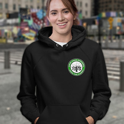 Person wearing a black hoodie with a green logo in an urban setting. A save the planet t-shirt that promotes social awareness of environmental issues. It's time to stop making poor excuses for why we haven't got around to saving our planet yet. Comfortable and practical. It's extra soft and has a convenient front pouch pocket. Made from organic cotton and recycled polyester, this environmental awareness hoodie is a great eco-friendly choice.