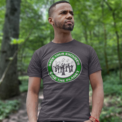 Man wearing a t-shirt with a green and white graphic and text in a forest setting. A 'save the planet' t-shirt that promotes social awareness of environmental issues. It's time to stop making poor excuses for why our governments haven't got around to saving our planet yet. Made from 100% organic ring-spun cotton, this environmental awareness t-shirt is unisex, high-quality, super comfy, and best of all, eco-friendly.