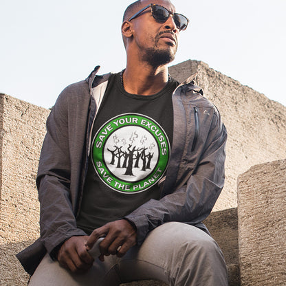 Man wearing a t-shirt with a green and white graphic and text, sitting outdoors. A 'save the planet' t-shirt that promotes social awareness of environmental issues. It's time to stop making poor excuses for why our governments haven't got around to saving our planet yet. Made from 100% organic ring-spun cotton, this environmental awareness t-shirt is unisex, high-quality, super comfy, and best of all, eco-friendly.
