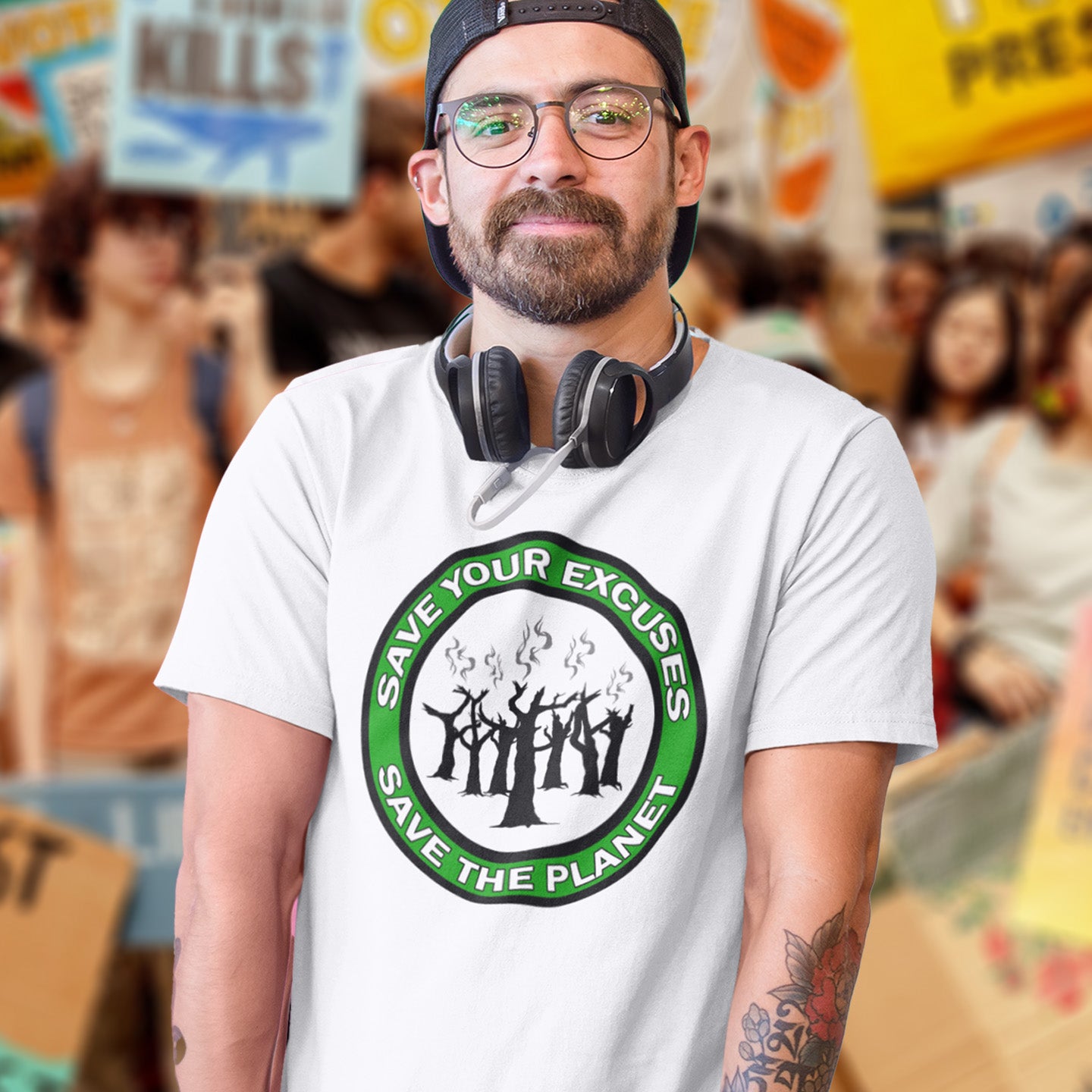 Person wearing a t-shirt with an environmental message in a protest-like setting. A 'save the planet' t-shirt that promotes social awareness of environmental issues. It's time to stop making poor excuses for why our governments haven't got around to saving our planet yet. Made from 100% organic ring-spun cotton, this environmental awareness t-shirt is unisex, high-quality, super comfy, and best of all, eco-friendly.