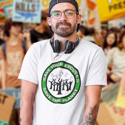 Person wearing a t-shirt with an environmental message in a protest-like setting. A 'save the planet' t-shirt that promotes social awareness of environmental issues. It's time to stop making poor excuses for why our governments haven't got around to saving our planet yet. Made from 100% organic ring-spun cotton, this environmental awareness t-shirt is unisex, high-quality, super comfy, and best of all, eco-friendly.