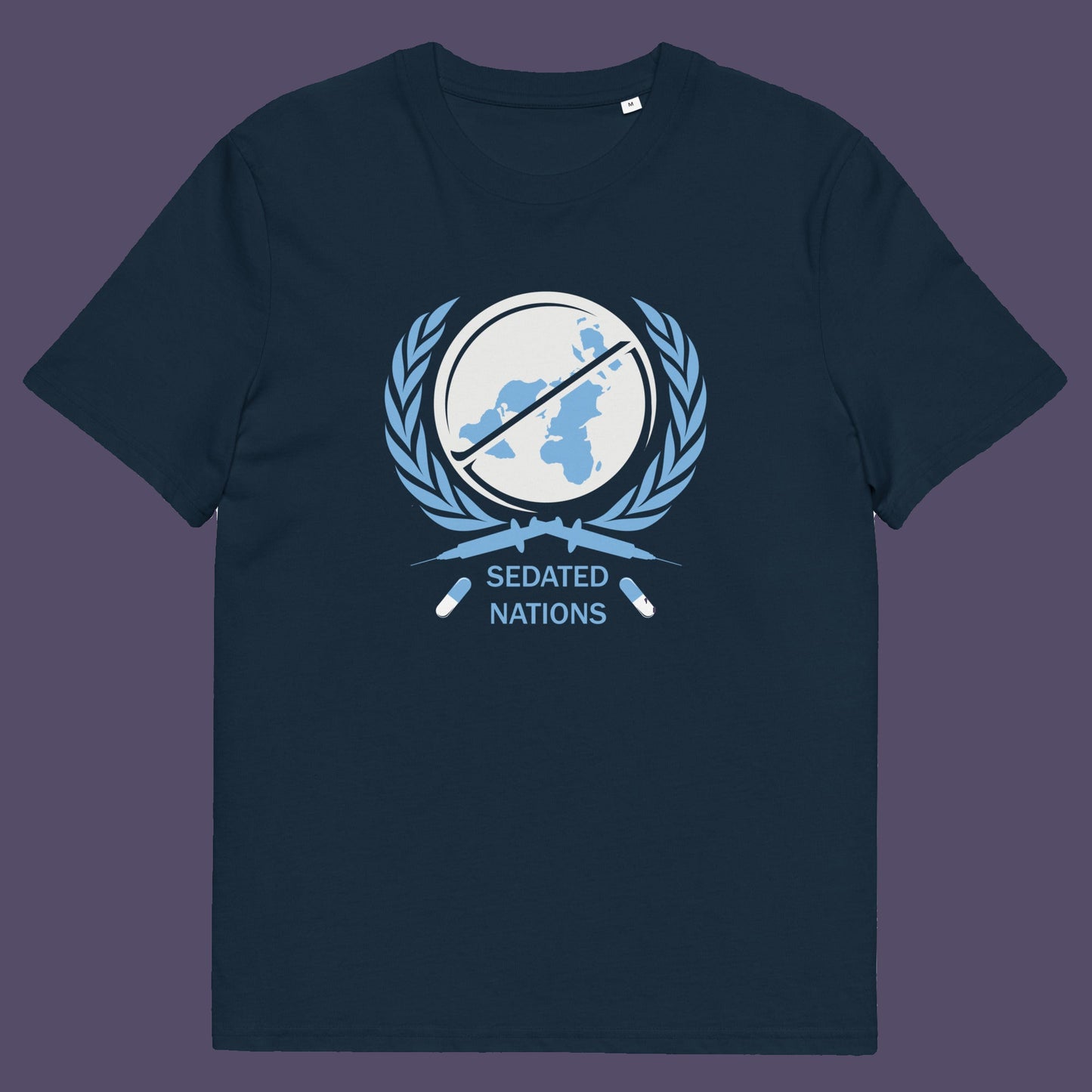 French navy t shirt. This anti drugs t shirt suggests an overuse of pharmaceutical drugs in the developed world. Are we united or just overly sedated ? A very satirical view questioning the effects of capitalism on the health care pharmaceutical industry. Made from 100% organic ring-spun cotton, this counter culture t shirt is unisex, high quality, super comfy, and best of all, eco-friendly.
