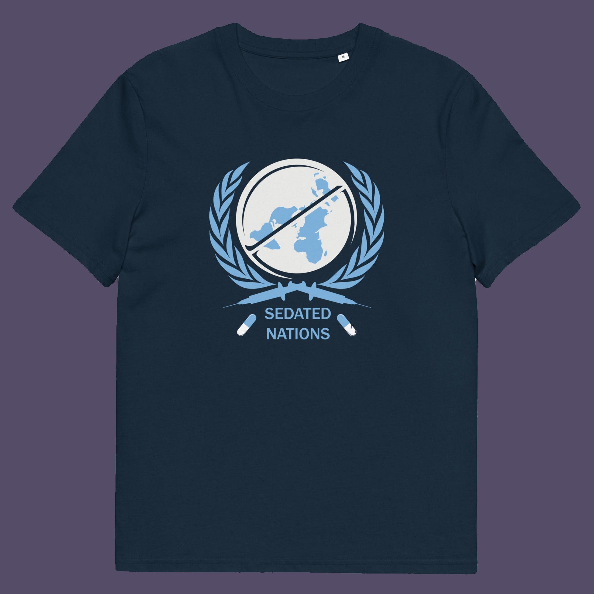 French navy t shirt. This anti drugs t shirt suggests an overuse of pharmaceutical drugs in the developed world. Are we united or just overly sedated ? A very satirical view questioning the effects of capitalism on the health care pharmaceutical industry. Made from 100% organic ring-spun cotton, this counter culture t shirt is unisex, high quality, super comfy, and best of all, eco-friendly.