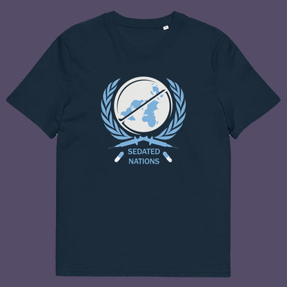 French navy t shirt. This anti drugs t shirt suggests an overuse of pharmaceutical drugs in the developed world. Are we united or just overly sedated ? A very satirical view questioning the effects of capitalism on the health care pharmaceutical industry. Made from 100% organic ring-spun cotton, this counter culture t shirt is unisex, high quality, super comfy, and best of all, eco-friendly.