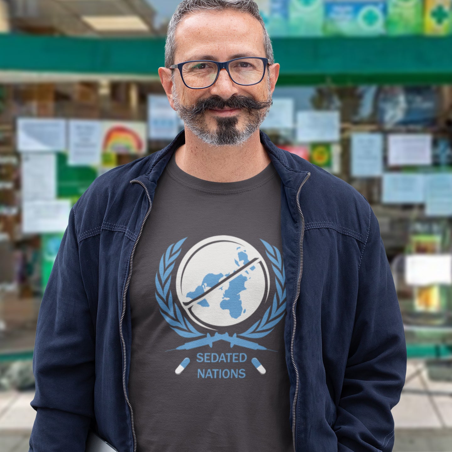 Man wearing a t-shirt with a graphic design and text, standing in front of a store with various items on display. This anti drugs t shirt suggests an overuse of pharmaceutical drugs in the developed world. Are we united or just overly sedated ? A very satirical view questioning the effects of capitalism on the health care pharmaceutical industry. Made from 100% organic ring-spun cotton, this counter culture t shirt is unisex, high quality, super comfy, and best of all, eco-friendly.