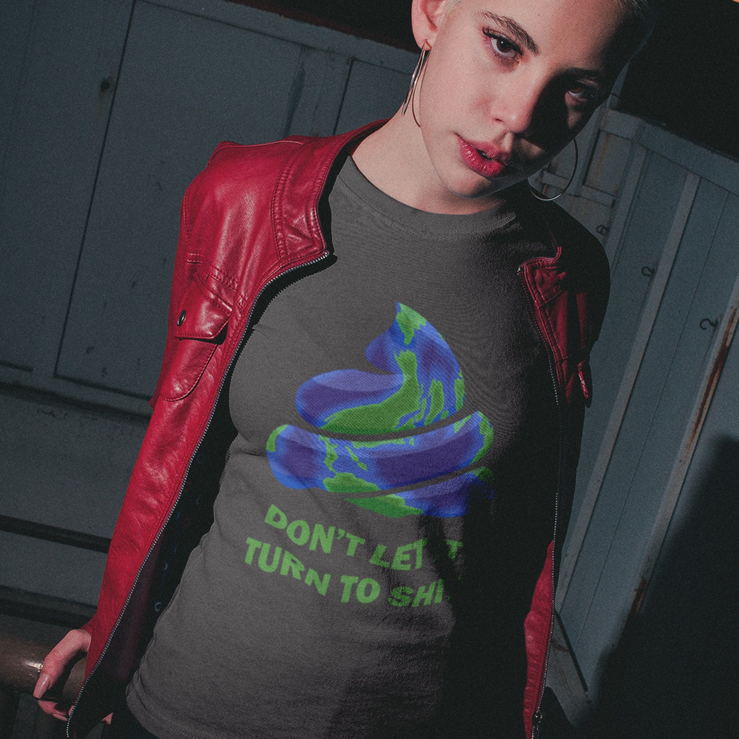 Person wearing a anthracite t-shirt with a colourful graphic and text, standing indoors. A funny environmental t-shirt suggesting If we don't do something about our effect on the planet soon it'll all turn to shit. Save the planet satire. Made from 100% organic ring-spun cotton, this 'save our planet' t-shirt is unisex, high-quality, super comfy, and best of all, eco-friendly.