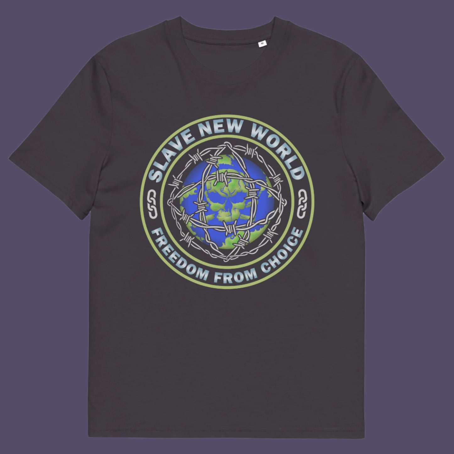 Anthracite t-shirt. A civil rights t shirt design using satirical wordplay from Aldous Huxley's novel Brave New World, this dystopian t shirt design draws social awareness to our ever decreasing freedom of choice. Made from 100% organic ring-spun cotton, this civil liberties t shirt is unisex, high-quality, super comfy, and best of all, eco-friendly.