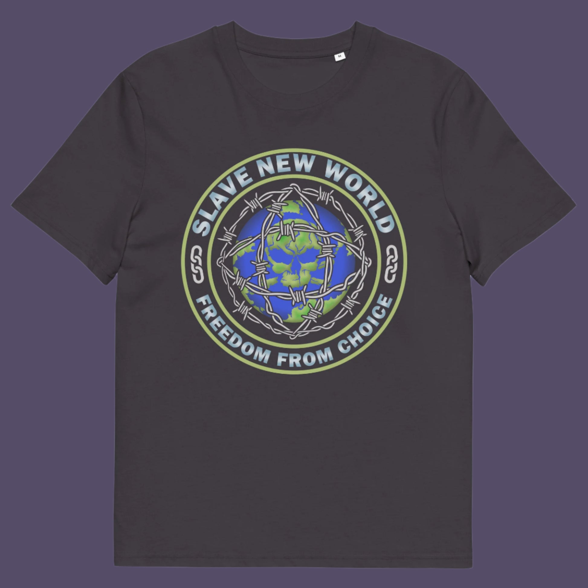 Anthracite t-shirt. A civil rights t shirt design using satirical wordplay from Aldous Huxley's novel Brave New World, this dystopian t shirt design draws social awareness to our ever decreasing freedom of choice. Made from 100% organic ring-spun cotton, this civil liberties t shirt is unisex, high-quality, super comfy, and best of all, eco-friendly.