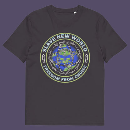 Anthracite t-shirt. A civil rights t shirt design using satirical wordplay from Aldous Huxley's novel Brave New World, this dystopian t shirt design draws social awareness to our ever decreasing freedom of choice. Made from 100% organic ring-spun cotton, this civil liberties t shirt is unisex, high-quality, super comfy, and best of all, eco-friendly.