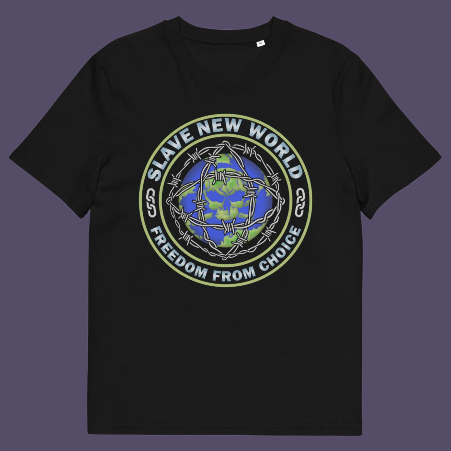 Black t-shirt. A civil rights t shirt design using satirical wordplay from Aldous Huxley's novel Brave New World, this dystopian t shirt design draws social awareness to our ever decreasing freedom of choice. Made from 100% organic ring-spun cotton, this civil liberties t shirt is unisex, high-quality, super comfy, and best of all, eco-friendly.