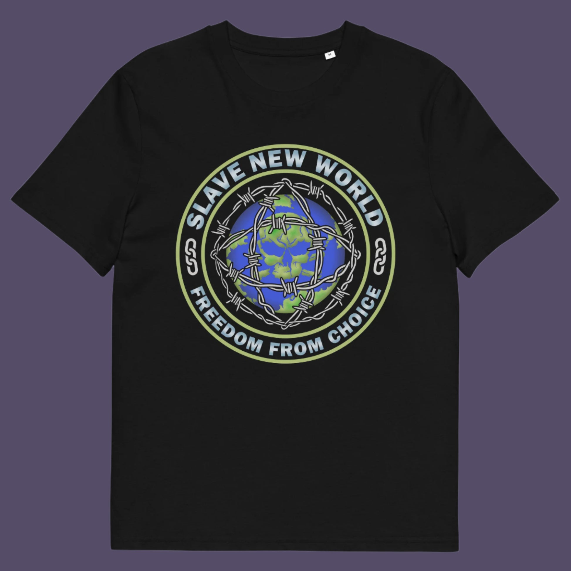 Black t-shirt. A civil rights t shirt design using satirical wordplay from Aldous Huxley's novel Brave New World, this dystopian t shirt design draws social awareness to our ever decreasing freedom of choice. Made from 100% organic ring-spun cotton, this civil liberties t shirt is unisex, high-quality, super comfy, and best of all, eco-friendly.