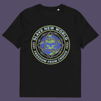 Black t-shirt. A civil rights t shirt design using satirical wordplay from Aldous Huxley's novel Brave New World, this dystopian t shirt design draws social awareness to our ever decreasing freedom of choice. Made from 100% organic ring-spun cotton, this civil liberties t shirt is unisex, high-quality, super comfy, and best of all, eco-friendly.