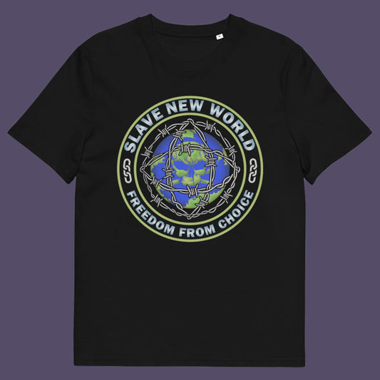 Black t-shirt. A civil rights t shirt design using satirical wordplay from Aldous Huxley's novel Brave New World, this dystopian t shirt design draws social awareness to our ever decreasing freedom of choice. Made from 100% organic ring-spun cotton, this civil liberties t shirt is unisex, high-quality, super comfy, and best of all, eco-friendly.