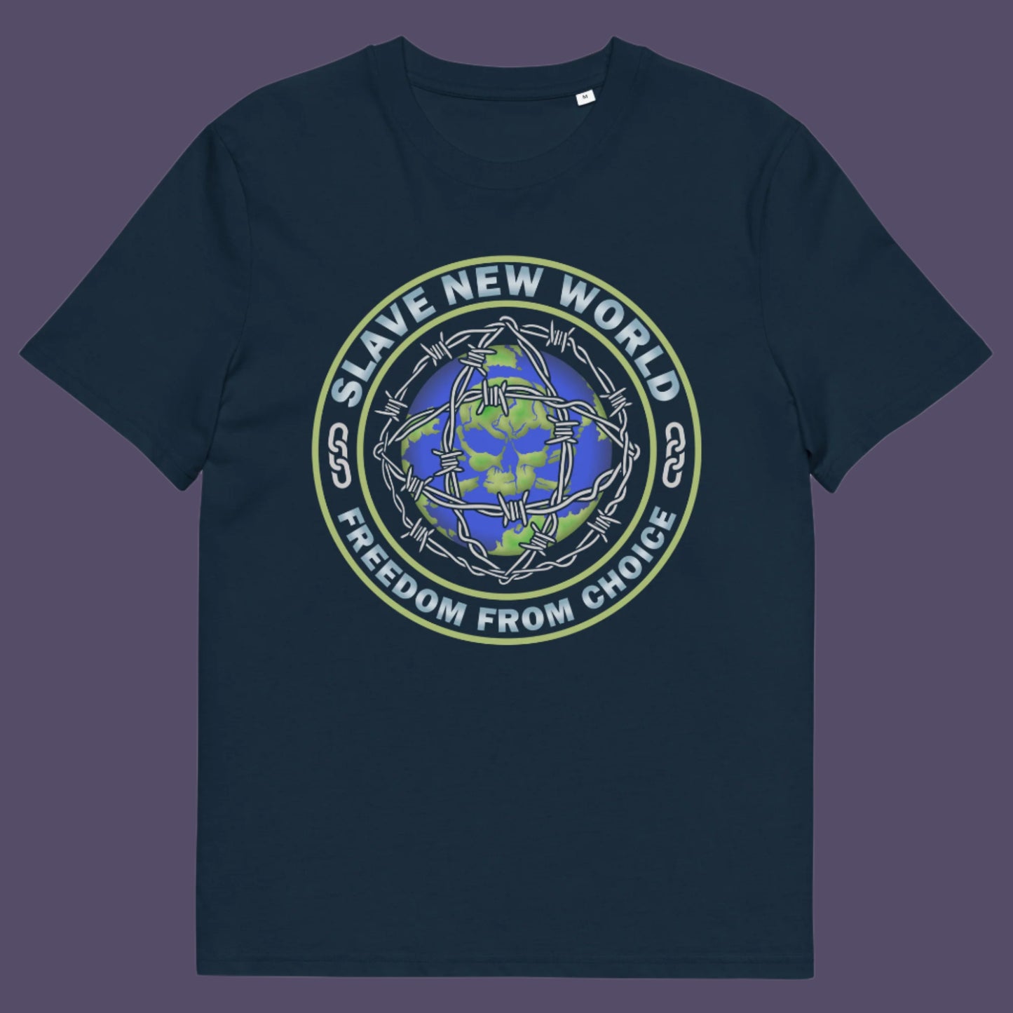 French navy t-shirt. A civil rights t shirt design using satirical wordplay from Aldous Huxley's novel Brave New World, this dystopian t shirt design draws social awareness to our ever decreasing freedom of choice. Made from 100% organic ring-spun cotton, this civil liberties t shirt is unisex, high-quality, super comfy, and best of all, eco-friendly.