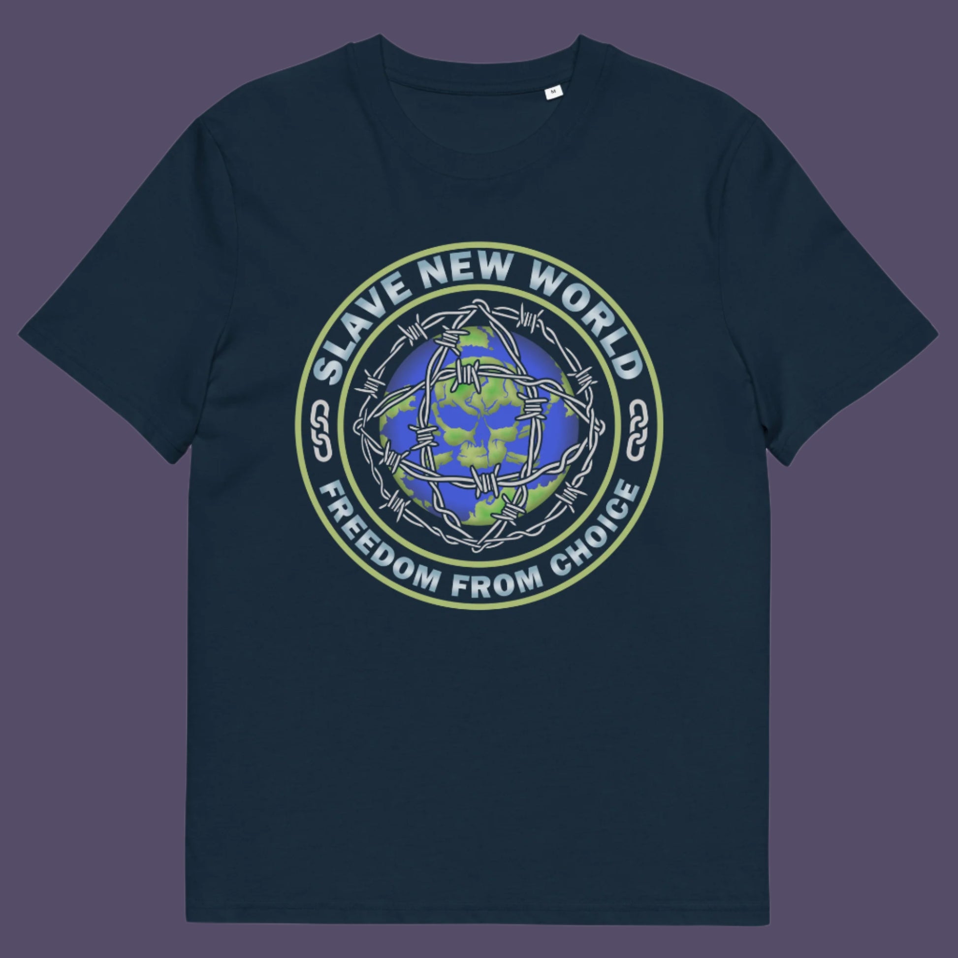 French navy t-shirt. A civil rights t shirt design using satirical wordplay from Aldous Huxley's novel Brave New World, this dystopian t shirt design draws social awareness to our ever decreasing freedom of choice. Made from 100% organic ring-spun cotton, this civil liberties t shirt is unisex, high-quality, super comfy, and best of all, eco-friendly.