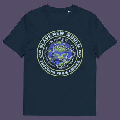 French navy t-shirt. A civil rights t shirt design using satirical wordplay from Aldous Huxley's novel Brave New World, this dystopian t shirt design draws social awareness to our ever decreasing freedom of choice. Made from 100% organic ring-spun cotton, this civil liberties t shirt is unisex, high-quality, super comfy, and best of all, eco-friendly.