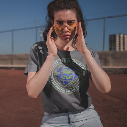 Person wearing a t-shirt with a graphic design outdoors. A satirical wordplay on Aldous Huxley's novel Brave New World, this dystopian political t-shirt draws social awareness to our ever decreasing freedom of choice Made from 100% organic ring-spun cotton, this freedom fighters t-shirt is unisex, high-quality, super comfy, and best of all, eco-friendly.
