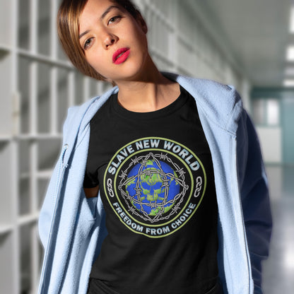 Person wearing a black t-shirt with a graphic design and text. A satirical wordplay on Aldous Huxley's novel Brave New World, this dystopian political t-shirt draws social awareness to our ever decreasing freedom of choice Made from 100% organic ring-spun cotton, this freedom fighters t-shirt is unisex, high-quality, super comfy, and best of all, eco-friendly.