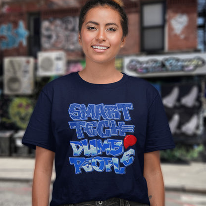 Person wearing a French navy blue t-shirt with blue text and a red circle in an urban setting. This anti ai t shirt design suggests that the smarter the technology gets the dumber the people become. This contemporary design is ideal if you like t shirts for intellectuals and would rather exercise your mind than rely on machinery to do your thinking for you. Made from 100% organic ring-spun cotton, this non conformist t shirt is unisex, high-quality, super comfy, and best of all, eco-friendly.